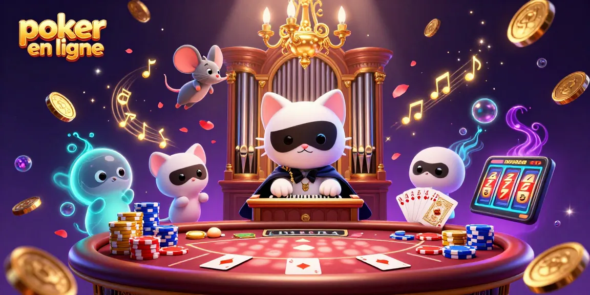 Jouez au poker en ligne avec des jetons colorés et des cartes royales sur une scène captivante.