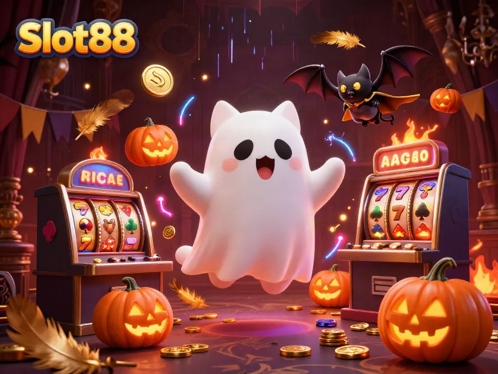 Gambarkan Slot88 dengan kucing hantu kartun, kelelawar vampir, dan jack-o-lantern di kasino