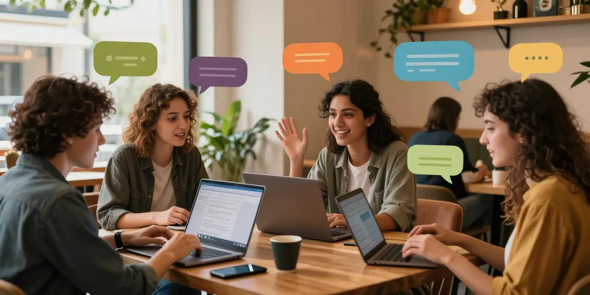 Engaging digital conversation scene representing شات فلة الخليج with diverse individuals exchanging ideas in a cozy coffee shop.
