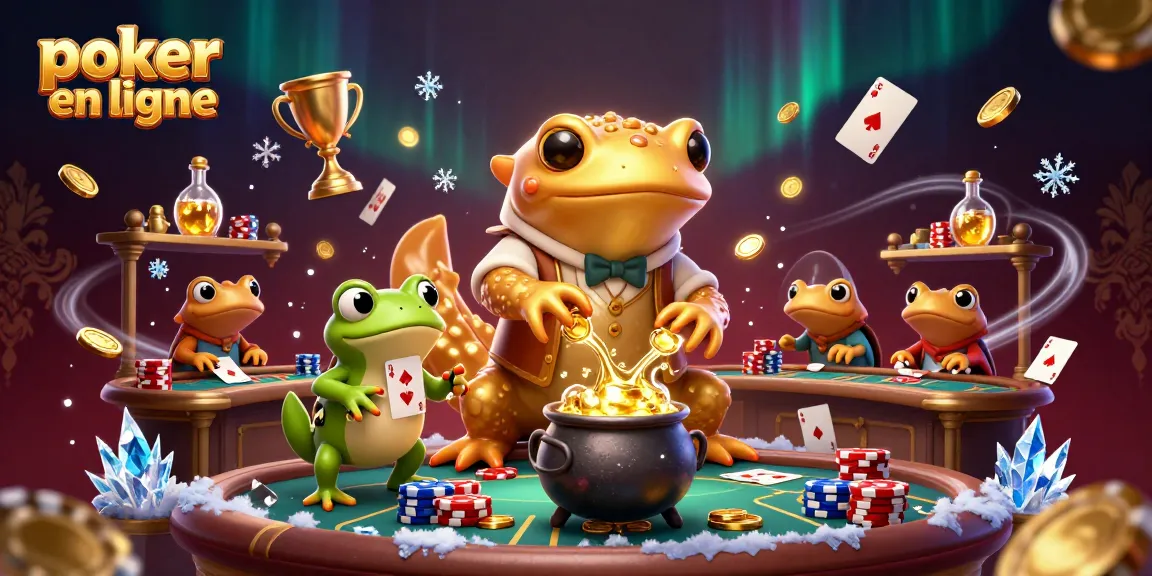 Jouez au poker en ligne avec une illustration dynamique représentant des alchimistes et des éléments de casino.