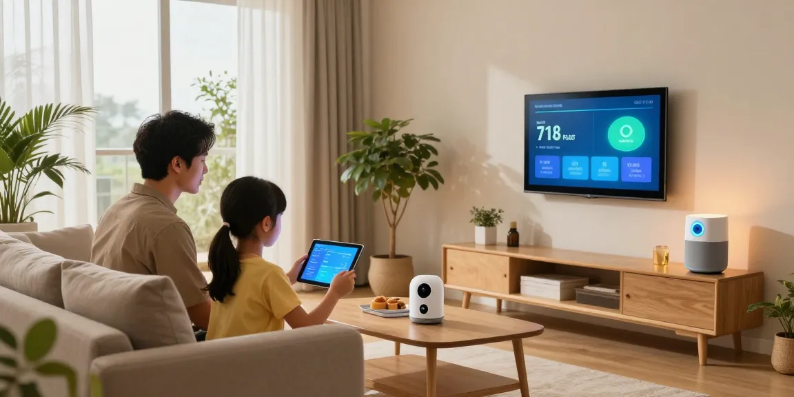 Family interacting with smart home gadgets in a cozy living room, highlighting smart lighting and technology integration.