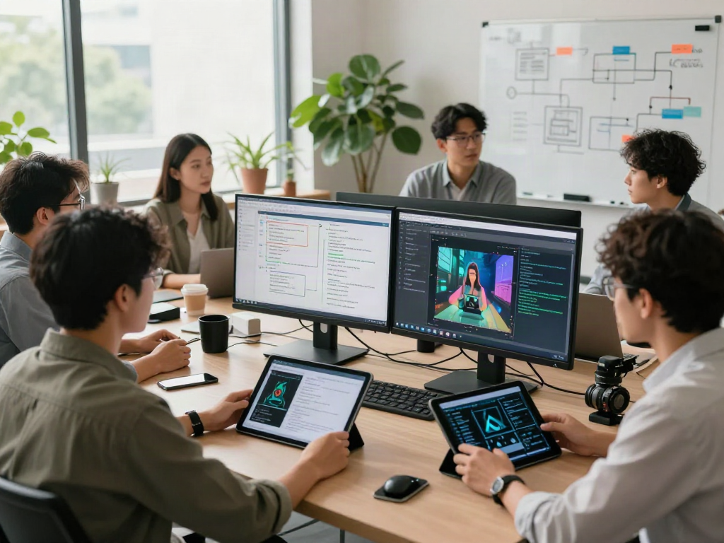 AI Image Detection teamwork in a modern workspace with monitors, tablets, and diagrams.