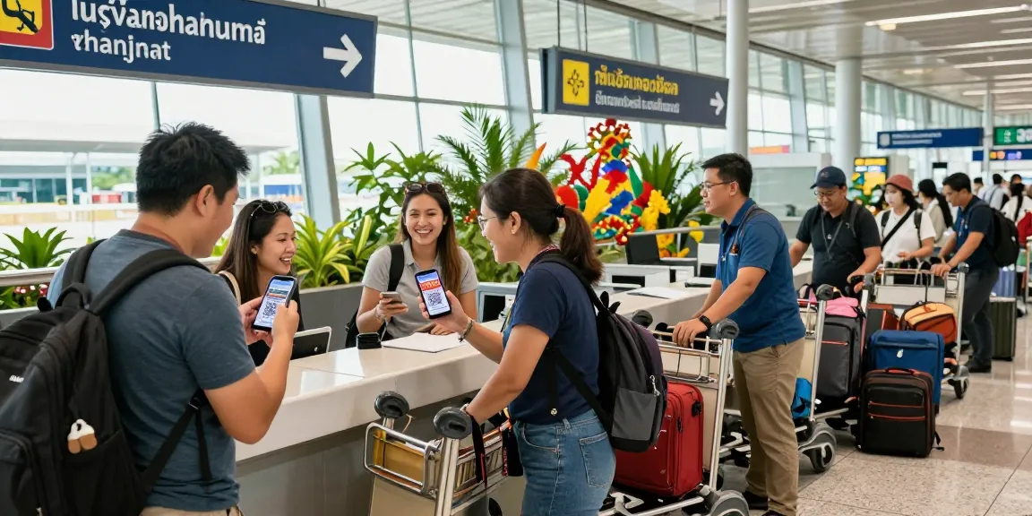 Travelers showing their tdac Thailand QR codes at Suvarnabhumi Airport.