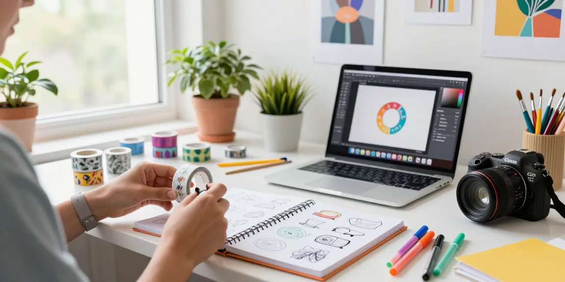 Designing custom washi tape in a bright workspace with colorful tools and vibrant decor.