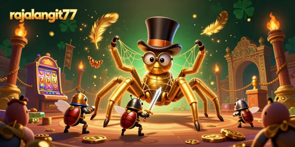 Slot gacor rajalangit77 menampilkan tarantula emas dan kesatria kecil meriah.