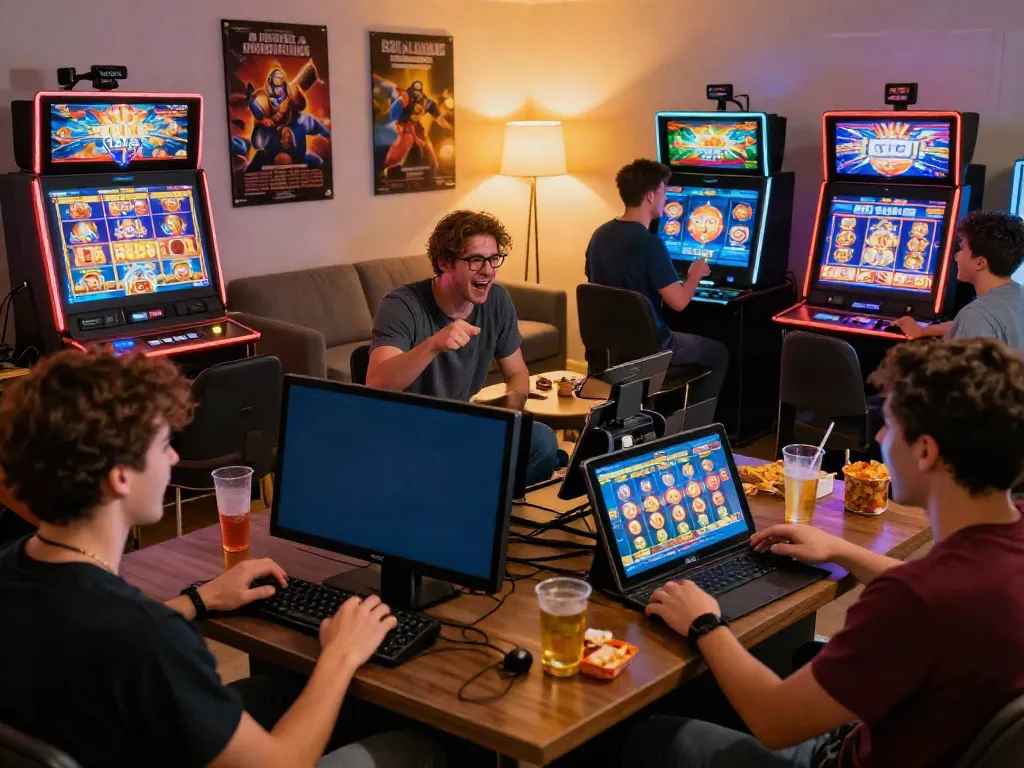 Players experiencing slot gacor excitement together while gaming online in a cozy living room.