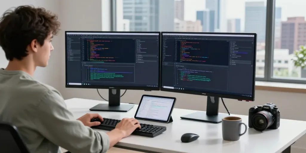 Free open-source Android apps review on h5.2113.net with a developer coding in a modern workspace.