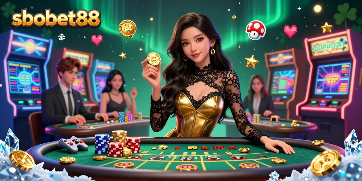 SboBet88 high-stakes betting scene with a glamorous Asian woman and vibrant game elements.
