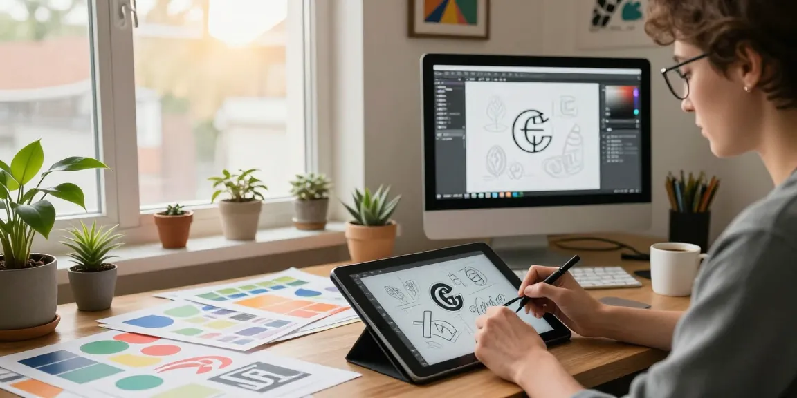 Grafik freelancer przy pracy, projektujący logo na tablecie w kreatywnej przestrzeni.