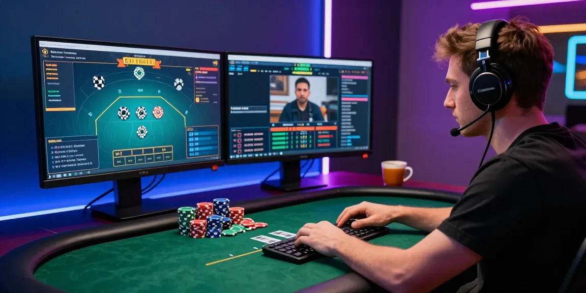 Engaged player enjoys Agen Poker Online with colorful chips and monitors in vibrant gaming environment.