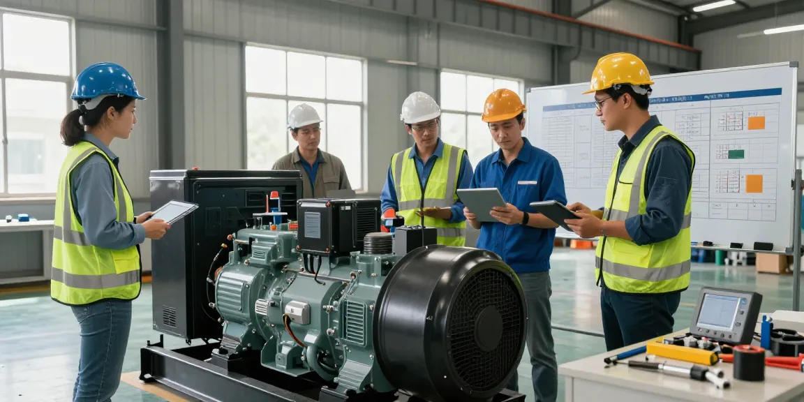 Huaquan Power technicians collaborating on advanced generator set technology for efficient energy solutions.