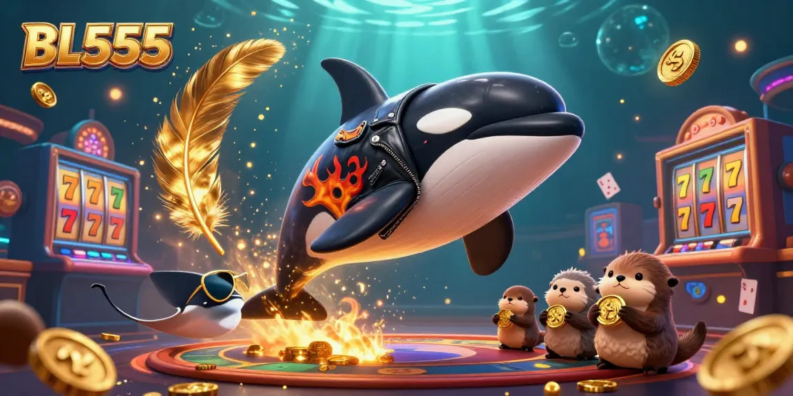 BL555 showcases a lively 3D cartoon representation of a casino scene with orca and otters, capturing vibrant gameplay.