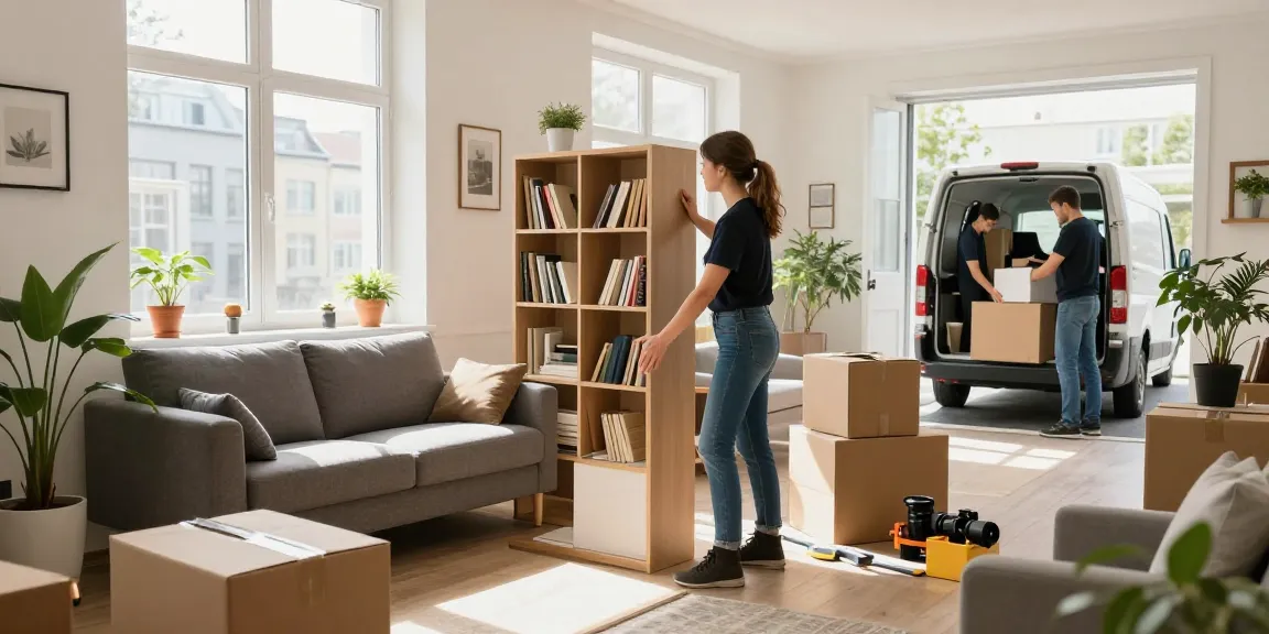 Efficient Wohnungsentrümpelung Berlin scene with team removing furniture, bright sunlight illuminating the apartment.