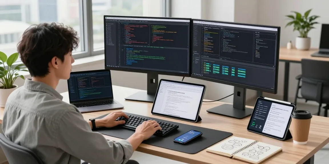 快连 developer's workspace showcasing coding and design tools in a modern office setting.
