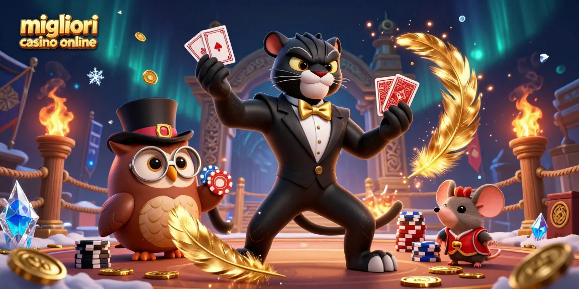 I migliori casino online presentano una scena vivace con personaggi stilizzati, giochi di carte e atmosfere di festa.