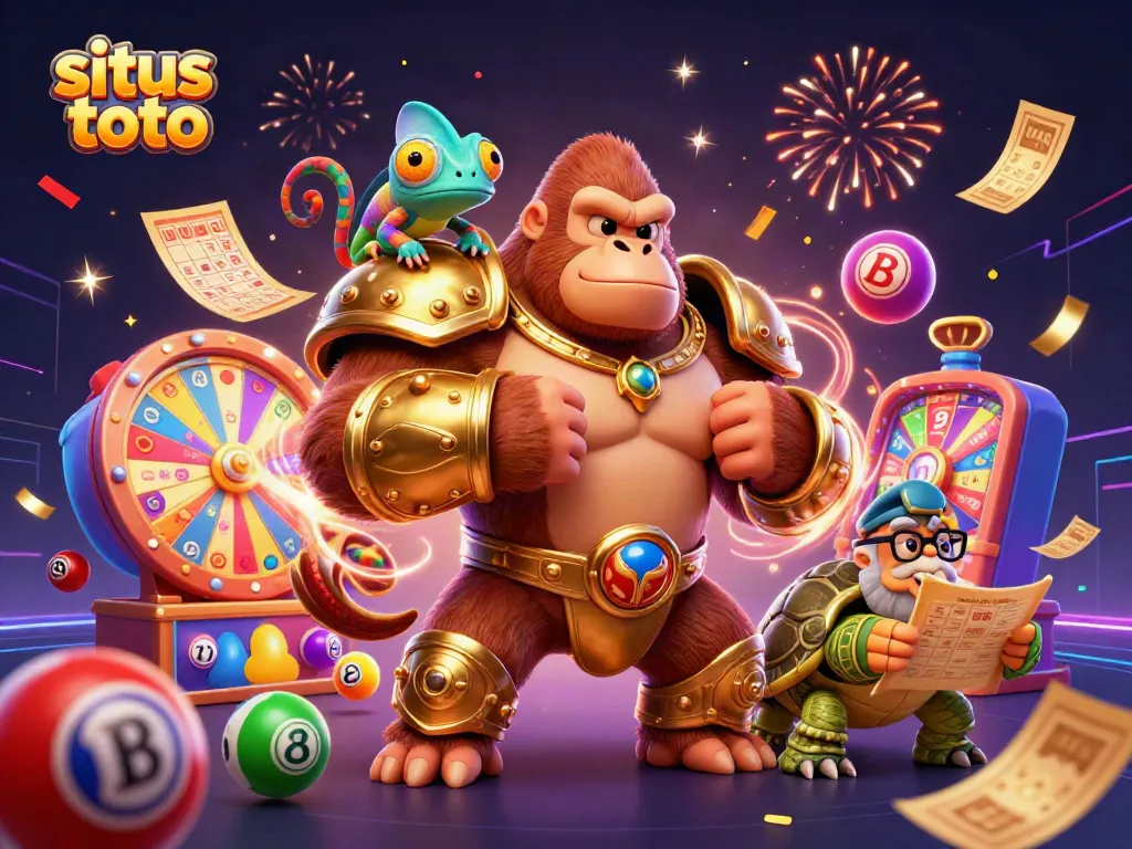 Engage with situs toto through an exciting 3D cartoon scene featuring a powerful gorilla and gaming elements.