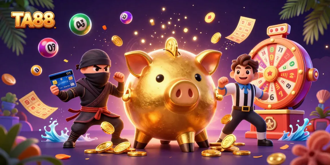 TA88 logo shines as a golden piggy bank sumo wrestler stomps to unleash coins in a colorful casino scene.