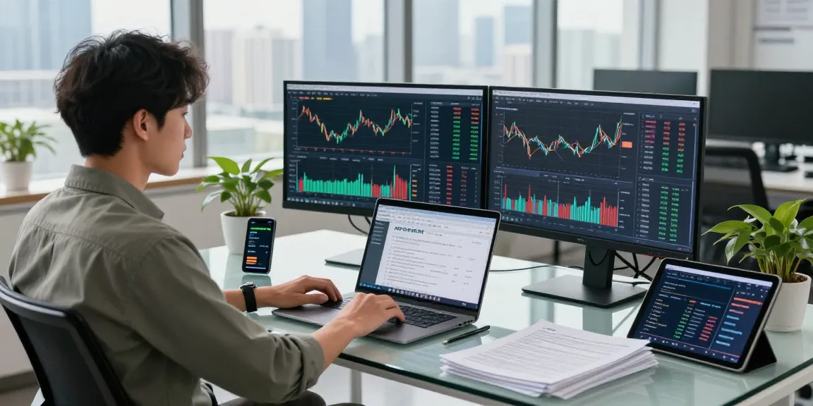 Real-time financial data analysis with European blue chip stock API integration in a modern office.