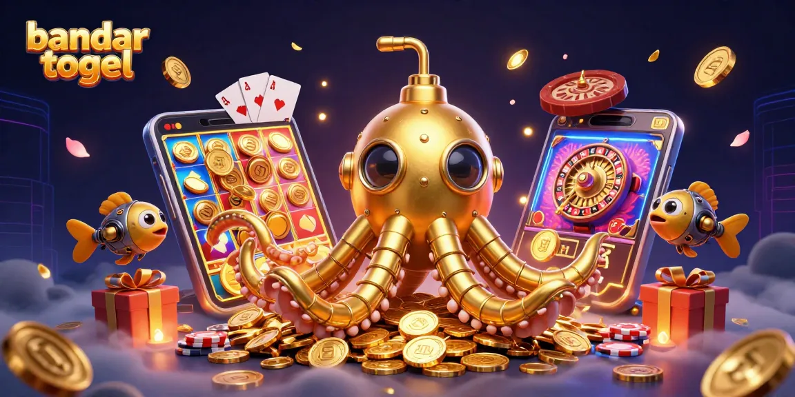Experience the thrill of bandar togel with a vibrant 3D scene featuring a golden kraken submarine amidst coins and gaming elements.