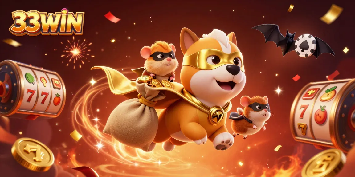 Experience thrilling fun with 33WIN as a superhero dog and hamster soar over a vibrant casino scene.