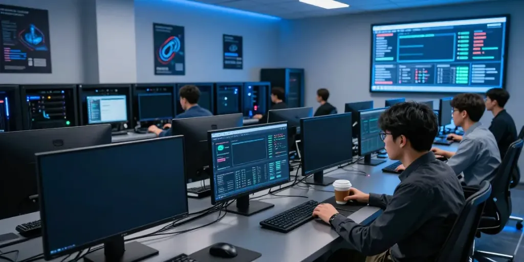 Situs singatoto gaming server room with engineers monitoring performance data in a high-tech environment