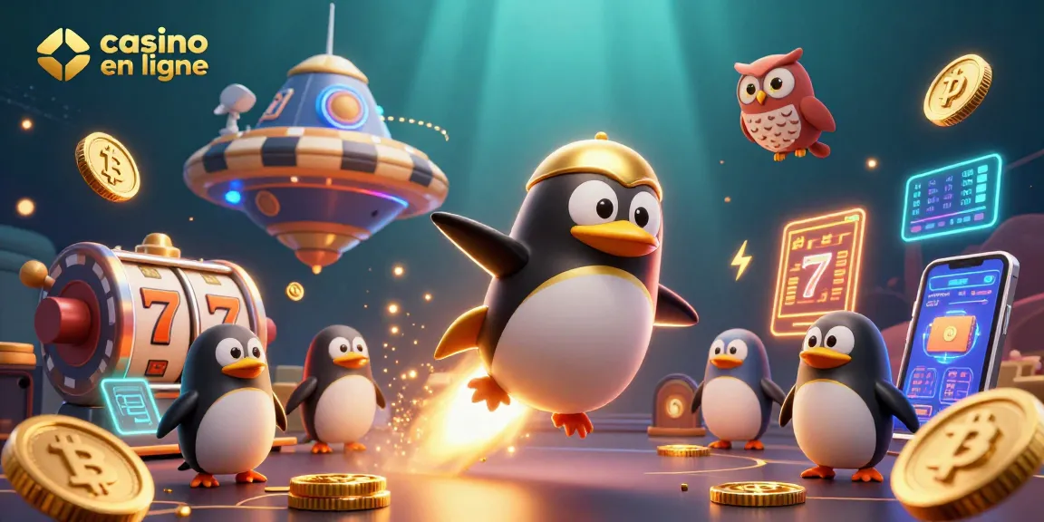 Jouez aux jeux captivants de casino en ligne avec un pingouin doré et des pièces volantes.