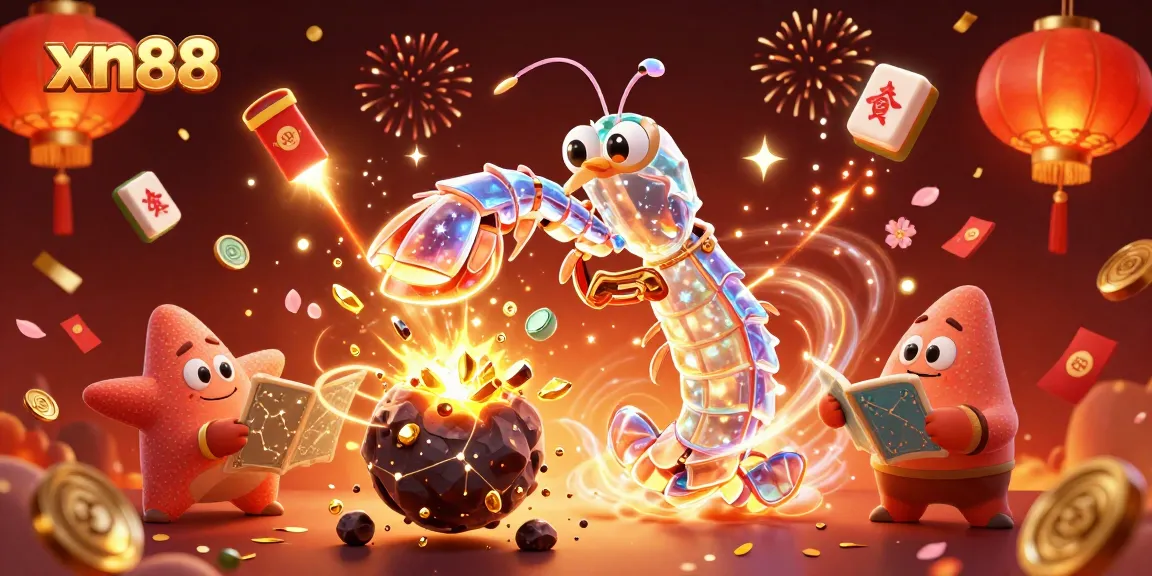 Experience thrilling wins with xn88 as the mantis shrimp battles through golden gems and coins in a vibrant casino scene.