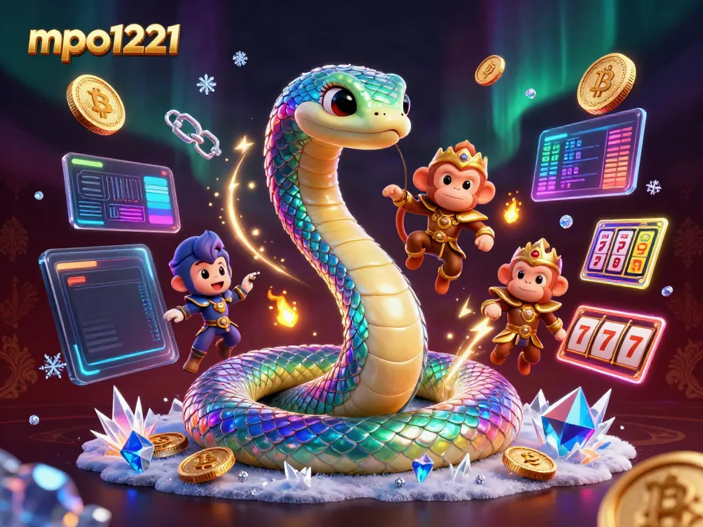 Engage with mpo1221, featuring a vibrant 3D scene of casino elements and characters.