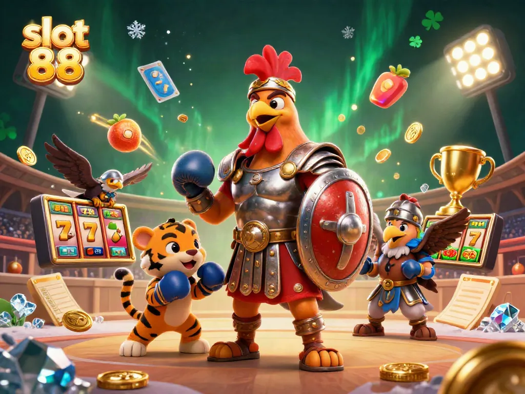 Spin to win with slot 88 as the gladiator rooster roams through a vibrant colosseum of casino symbols.