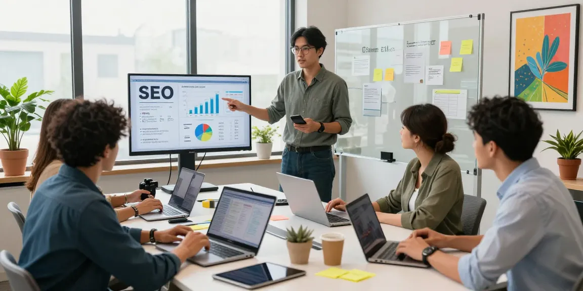SEO Agency team collaborating in a modern office, showcasing data-driven strategies.