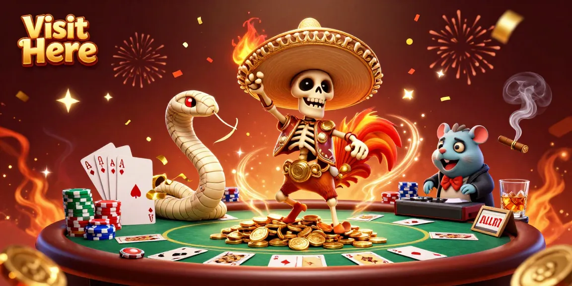Experience festive casino vibes at Visit Here with dancing characters and vibrant poker elements.