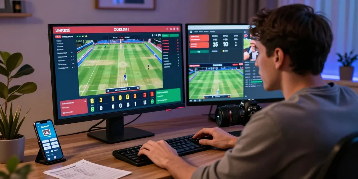 Exciting sports betting moment with Fairplay24 user placing bets in a dynamic home office.