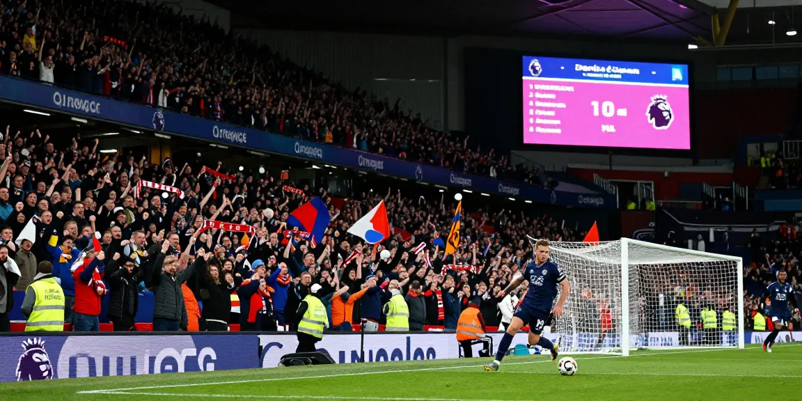 Exciting Premier League match at BK8 featuring fans cheering and players in action.