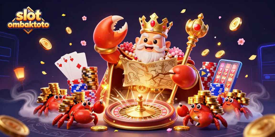 Experience the thrill of slot ombaktoto with a golden crab emperor amidst dazzling casino elements.