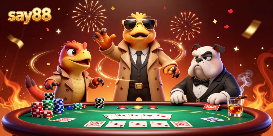 Experience the excitement of say88 with raptors in a trench coat attempting VIP casino entry amidst poker action.