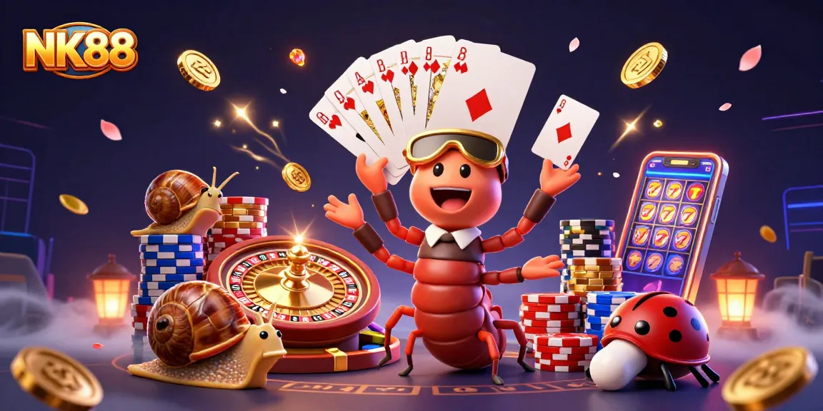 Experience the excitement of NK88 with a vibrant casino scene featuring multiple lively characters in action.