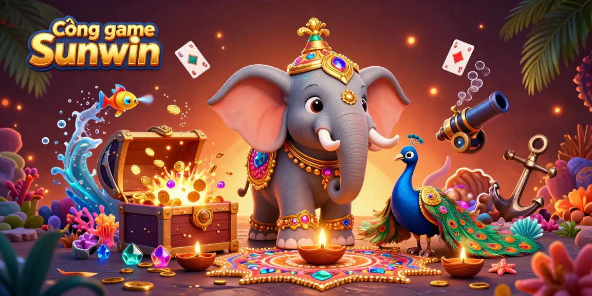 Experience thrilling gameplay at Cổng game Sunwin with 3D illustrations showcasing a vibrant online casino atmosphere.