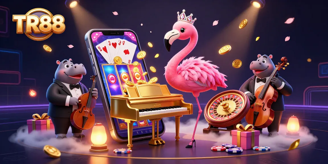 Experience excitement at TR88 with lively characters in a vibrant casino scene filled with slot games and fun.