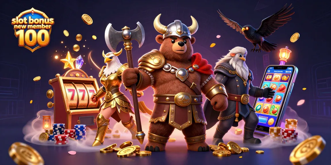 Experience slot bonus new member 100 with a dynamic scene of 3D characters and casino elements.