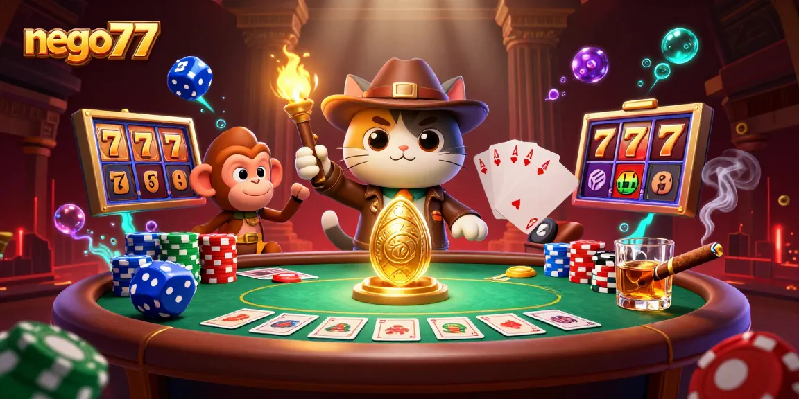Nego77 players engage in an action-packed scene with the cat explorer and monkey discovering treasures amid vibrant casino elements.