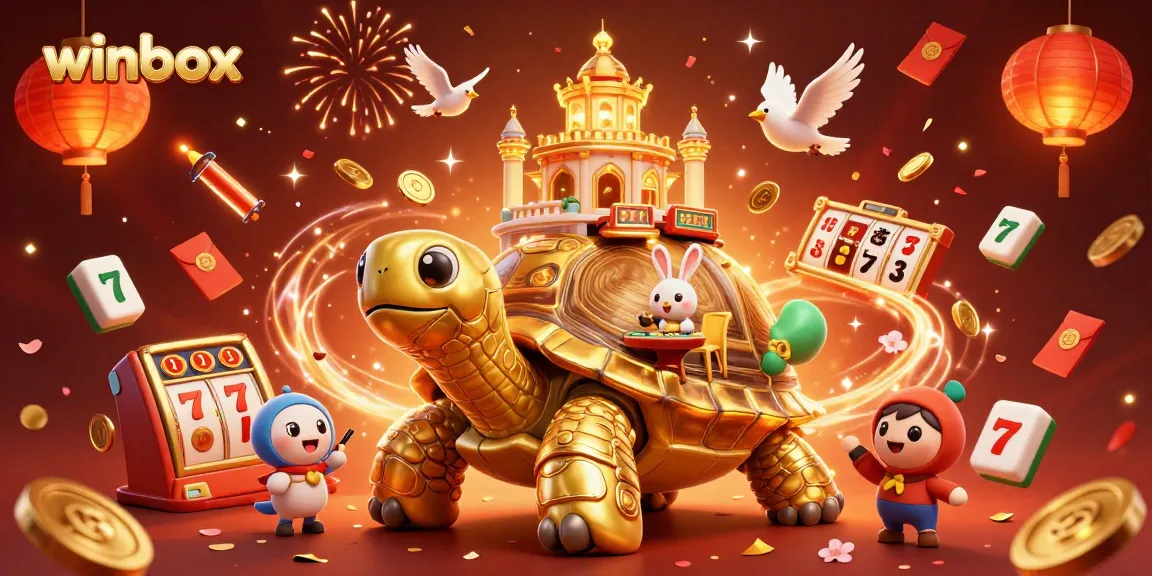 Winbox engages players with a vibrant scene featuring a golden tortoise, a rabbit dealer, and slot games.
