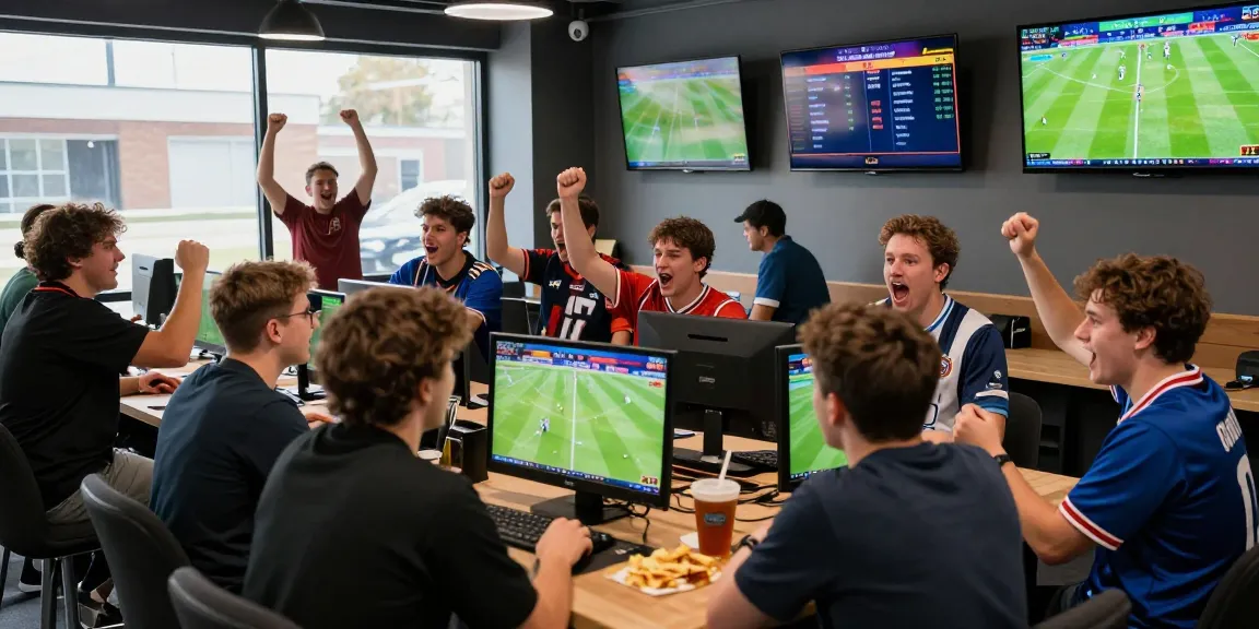 Exciting sports betting lounge scene with friends discussing Prediksi Bola Malam Ini amidst live match screens.