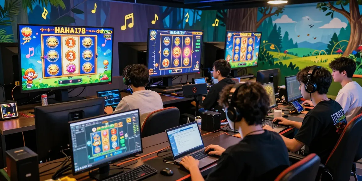 Exciting HAHA178 online gaming scene with players enjoying slot games and music