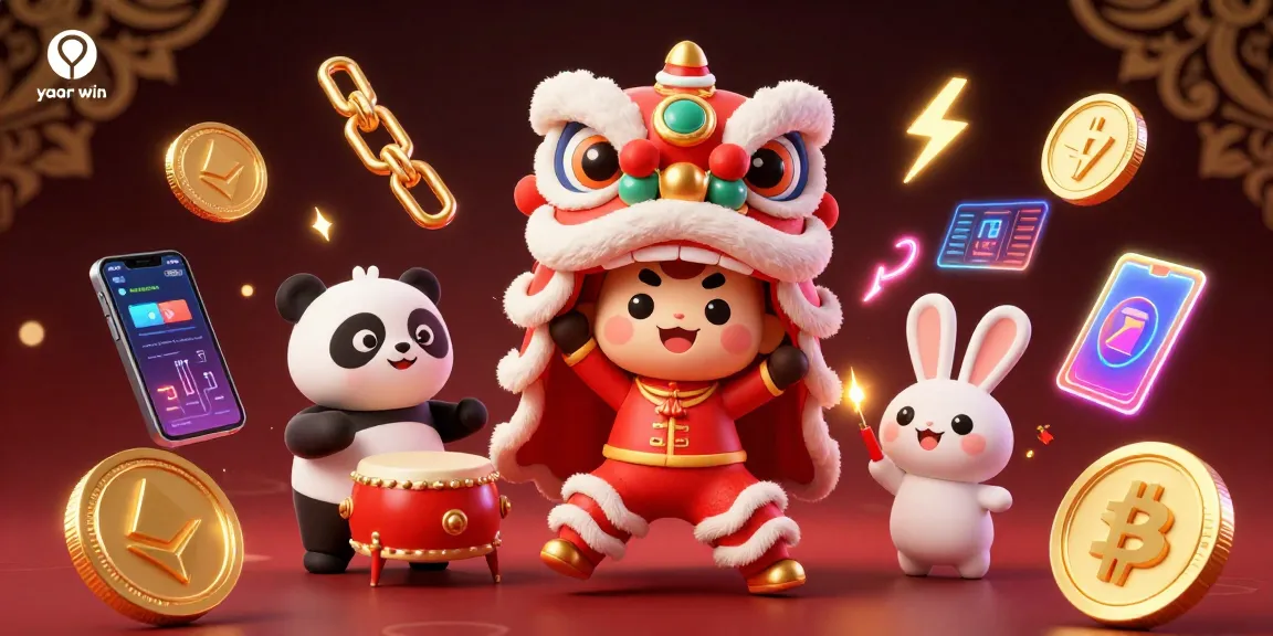 Experience the excitement of yaar win with lively 3D characters and vibrant crypto elements in a dynamic casino scene.