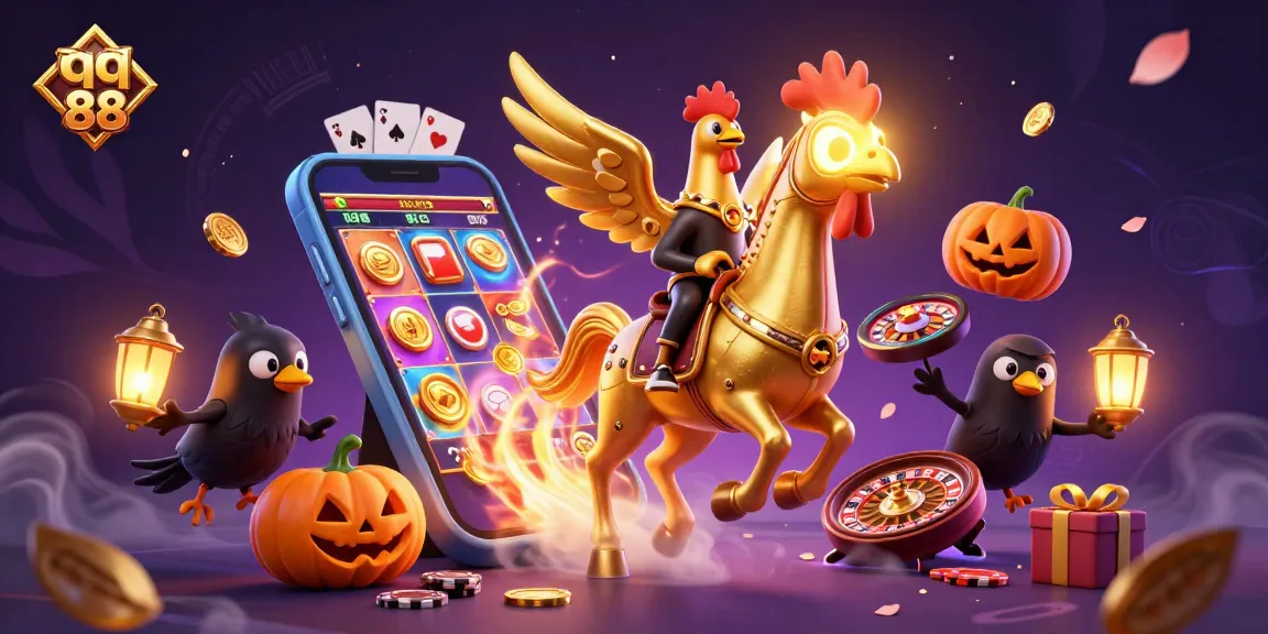 Join the excitement at qq 88 with a thrilling scene of a golden rooster and casino games in action.