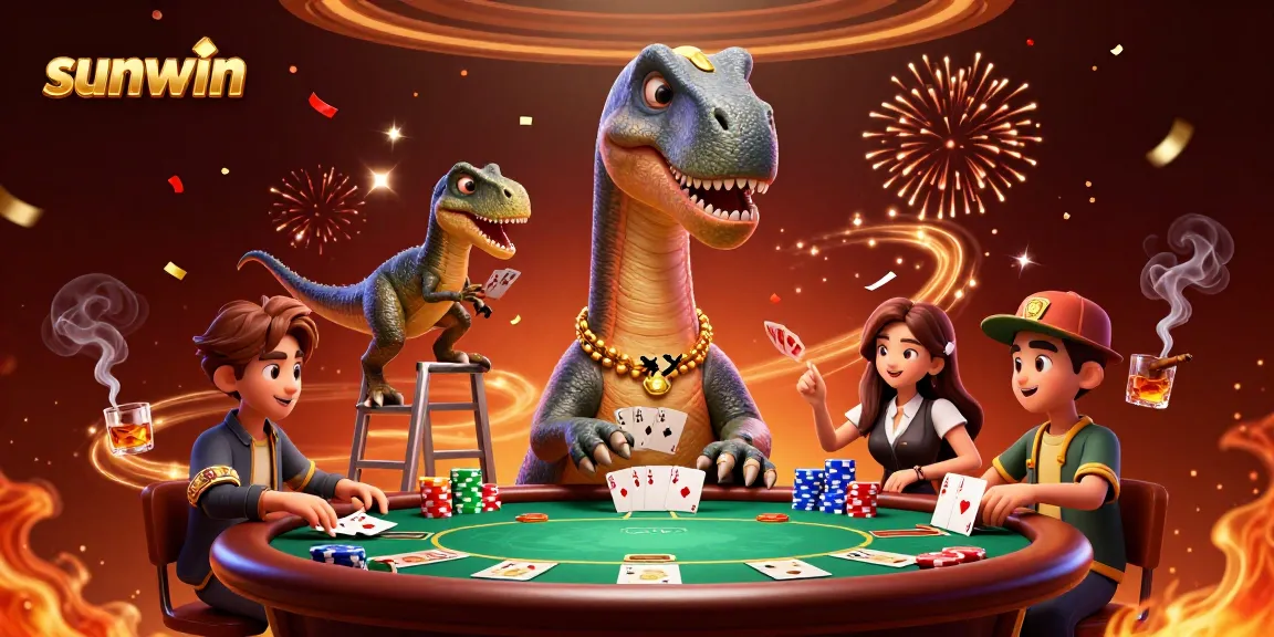 Engage with the thrilling atmosphere of sunwin's lively casino scene featuring a playful brontosaurus and energetic raptor dealing cards.