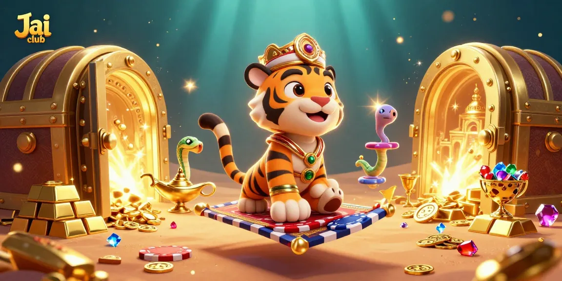 Engage with Jai Club's vibrant gaming world featuring a tiger sultan on a poker chip carpet
