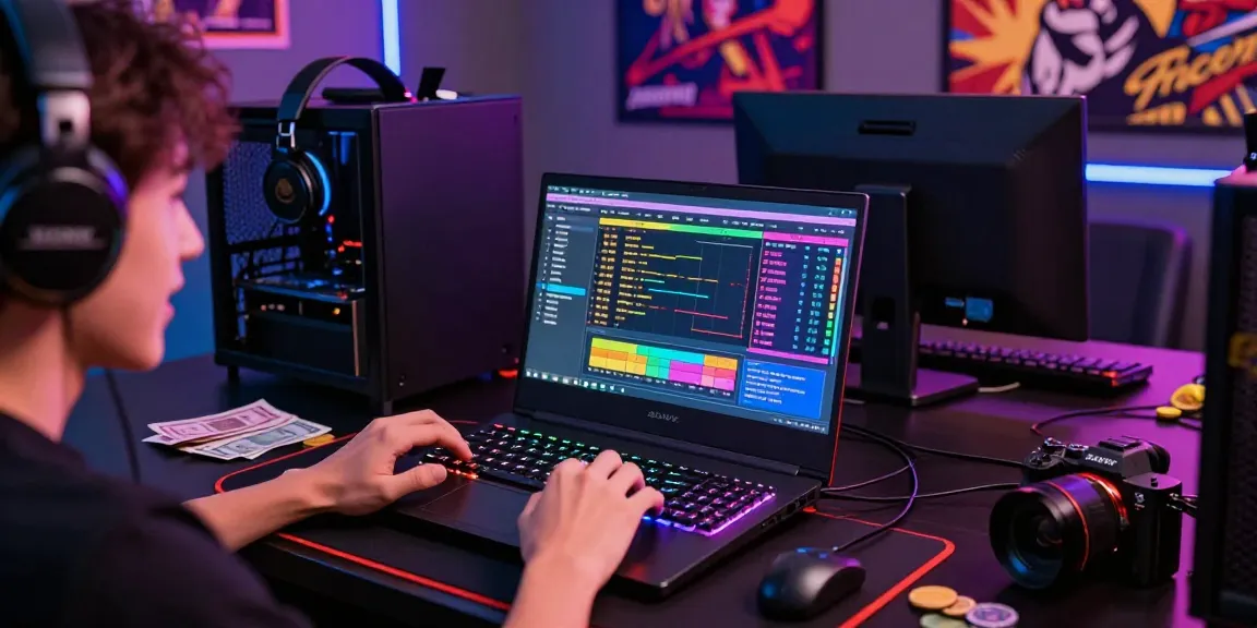 Engaging online scene of a player reviewing Pasaran Togel Terlengkap results with colorful statistics and gaming gear.