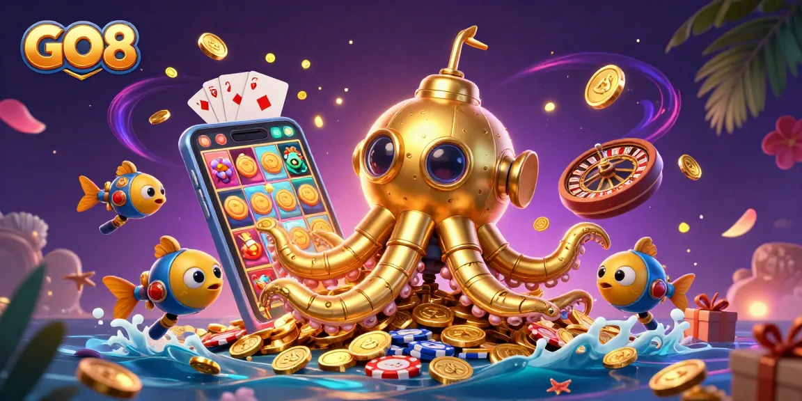Engage with GO8's thrilling casino atmosphere featuring a golden kraken and vibrant gaming elements.