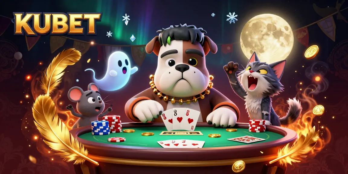 KUBET players enjoying a vibrant poker scene with unique characters and rich casino elements.